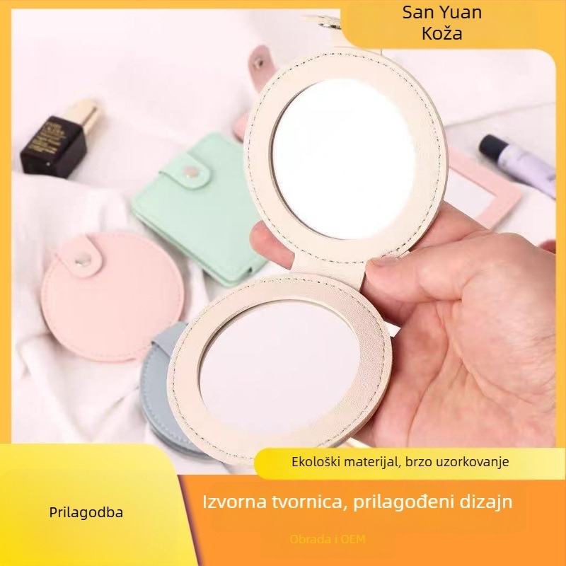PU kožno okruglo ogledalo za šminkanje, sklopno, dvostrano, prijenosno, s mogućnošću prilagođavanja logotipa