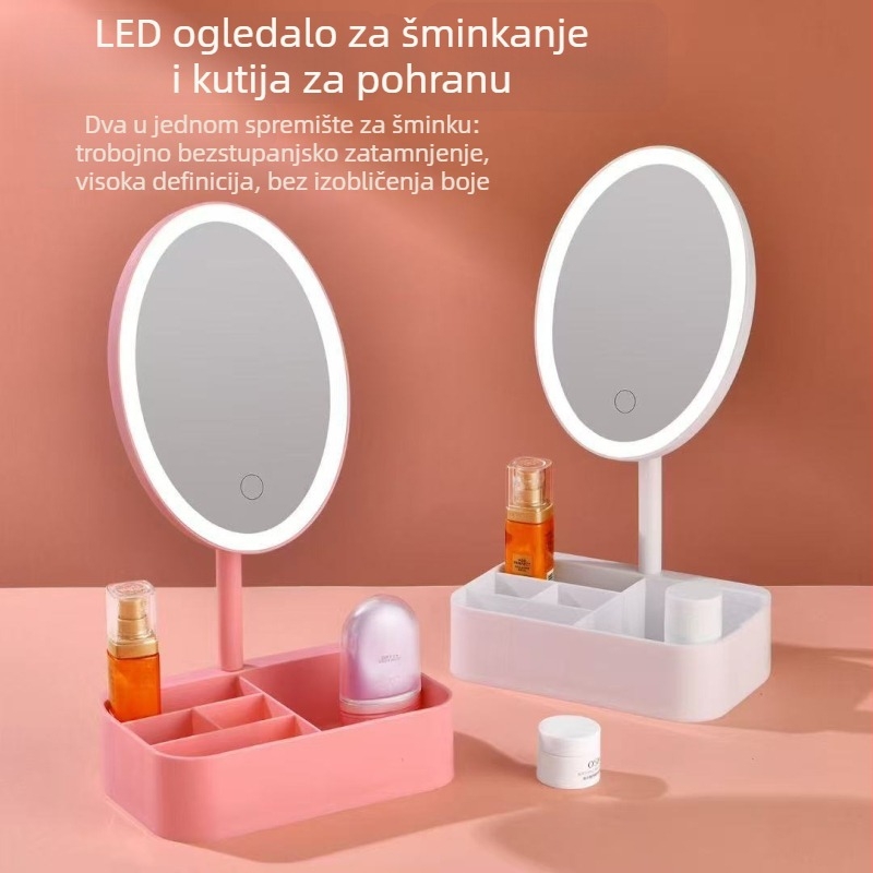 LED ogledalo za šminku s ugrađenim spremnikom za pohranu i podesivim osvjetljenjem hladne i tople nijanse, toaletni stol