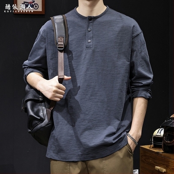Muška dugačka majica od bambus-pamuka, proljeće 2026, novi model, američki retro stil, oversize, Henley ovratnik, osnovni sloj za nošenje.