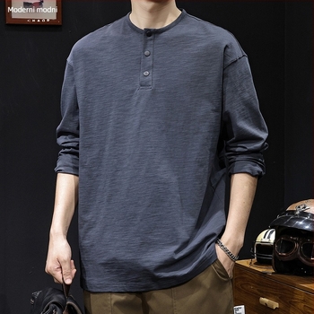 Muška dugačka majica od bambus-pamuka, proljeće 2026, novi model, američki retro stil, oversize, Henley ovratnik, osnovni sloj za nošenje.