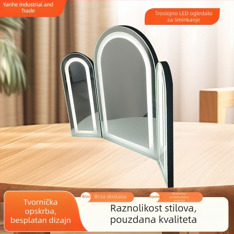 Lukasto tropanelno LED ogledalo za šminku, stolno ogledalo za spavaću sobu s punjivim osvjetljenjem