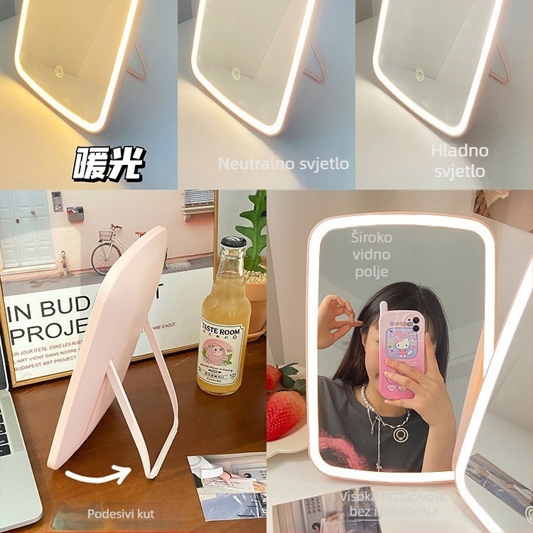 LED makeup ogledalo, stolno, s punjivim osvjetljenjem, za studentski dom i kućnu upotrebu
