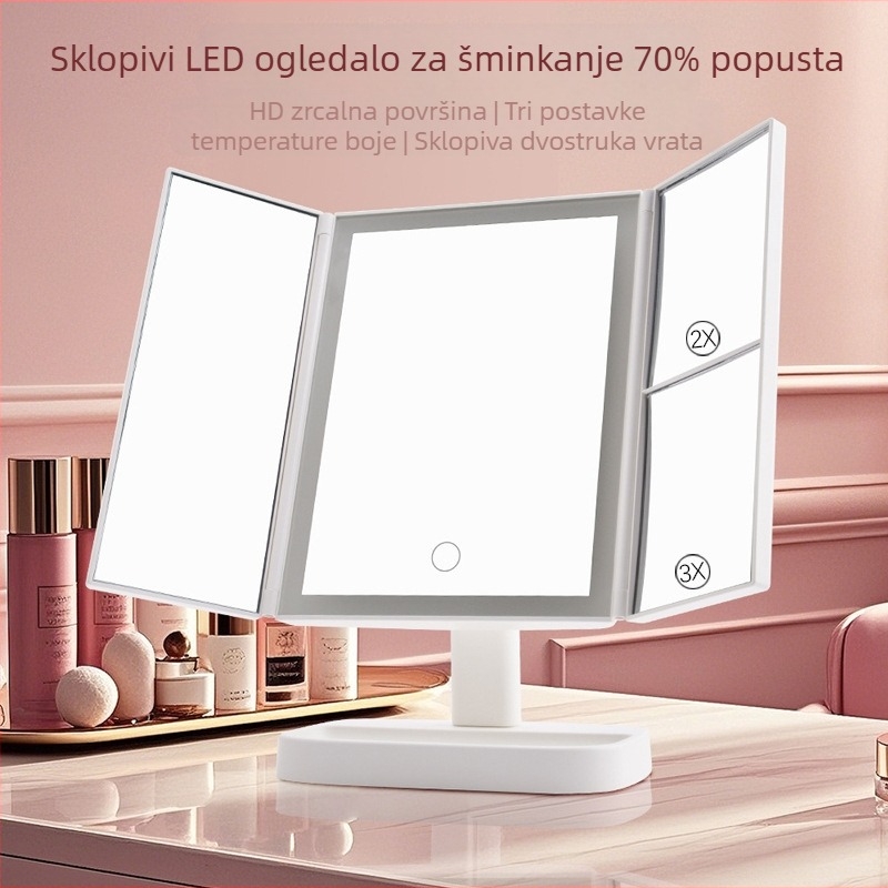 Stolno trodijelno ogledalo za šminku s LED osvjetljenjem, ogledalo za šminkanje u spavaćoj sobi, dar za djevojke, uz povećanje 1x, 2x, 3x