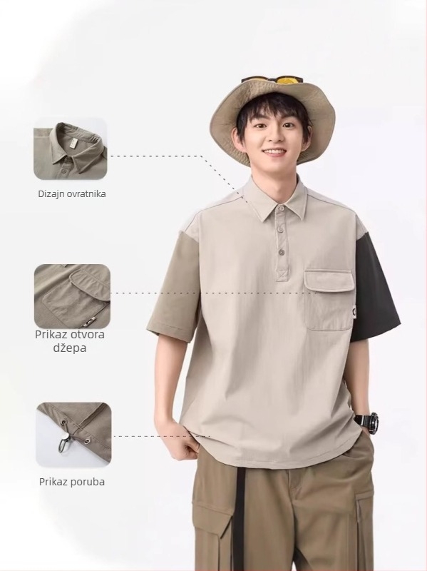 Muška polo majica s kratkim rukavima, blok boja, planinski vanjski stil, japanski street style, udoban kroj, brzo se suši