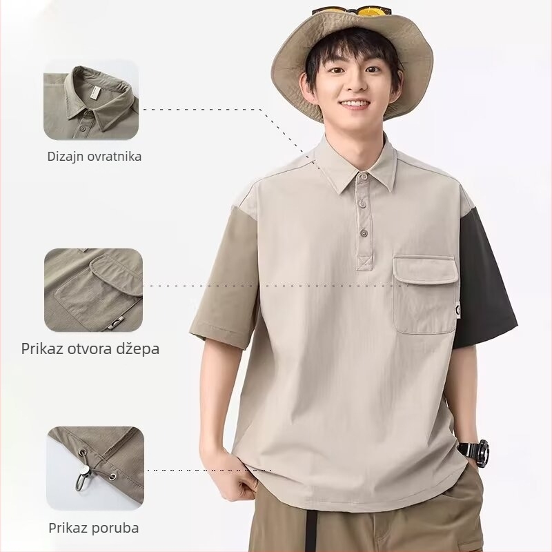 Muška polo majica s kratkim rukavima, blok boja, planinski vanjski stil, japanski street style, udoban kroj, brzo se suši