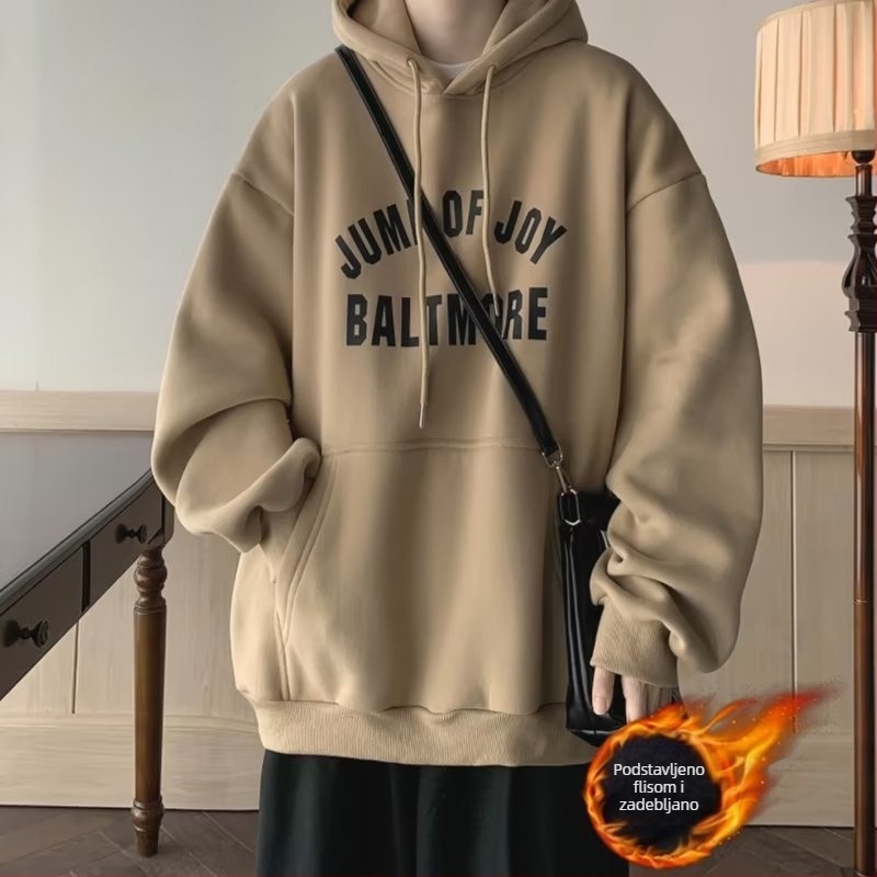 Muški hoodie američkog stila, teški, jesen-zima, vintage širokog kroja, s fleecem iznutra, kapuljača