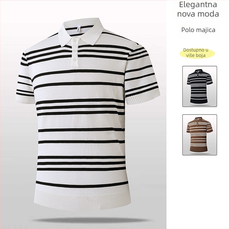 Ljetno muško poslovno pleteni polo s prugama, kratki rukavi, Ice Silk