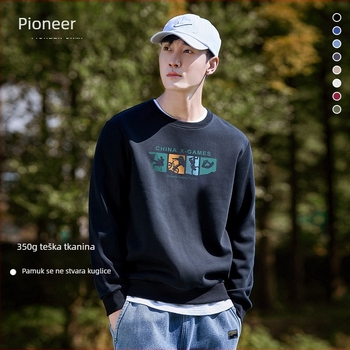 Pioneer 350 g teški crni pamučni džemper za muškarce, s okruglim izrezom, dugi rukav, sportskog i ležernog stila za jesen i zimu