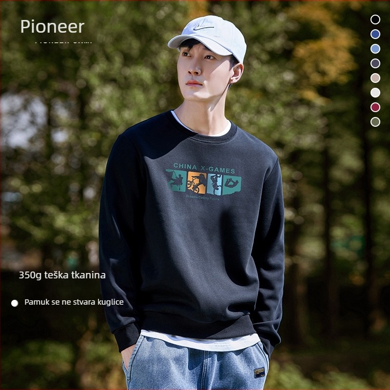 Pioneer 350 g teški crni pamučni džemper za muškarce, s okruglim izrezom, dugi rukav, sportskog i ležernog stila za jesen i zimu