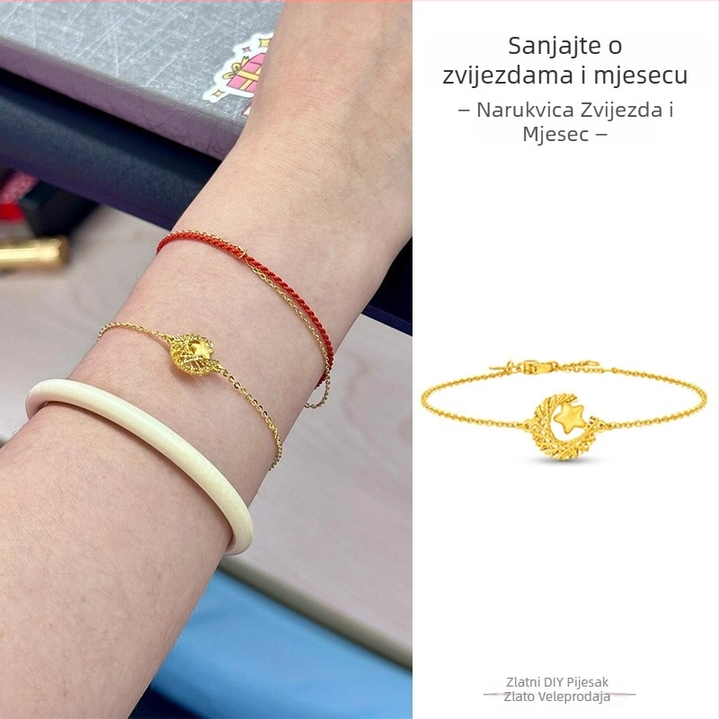 Pješčano-zlatni set nakita s privjeskom zvijezda i mjesec, narukvica, ogrlica i prsten; nježan, svjetlucav dodatak
