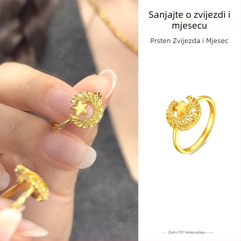Pješčano-zlatni set nakita s privjeskom zvijezda i mjesec, narukvica, ogrlica i prsten; nježan, svjetlucav dodatak