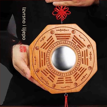 Privesak Bagua od drveta breskve, dvostrano ogledalo, ugraviran Yin–Yang, konveksno i konkavno, četiri božanska zvijeri, Tai Chi devet palača