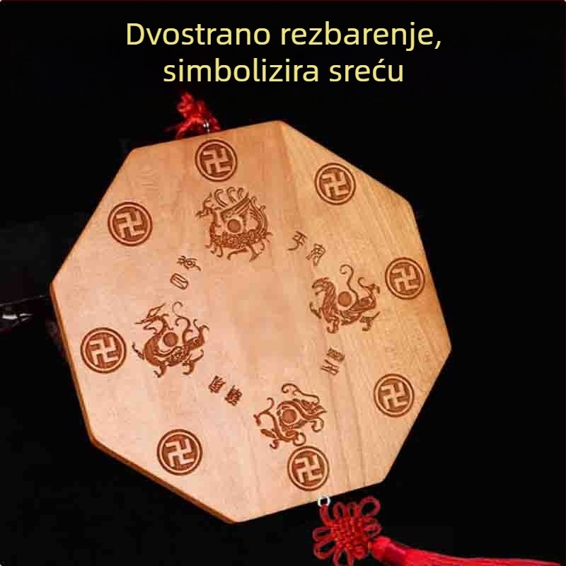 Privesak Bagua od drveta breskve, dvostrano ogledalo, ugraviran Yin–Yang, konveksno i konkavno, četiri božanska zvijeri, Tai Chi devet palača
