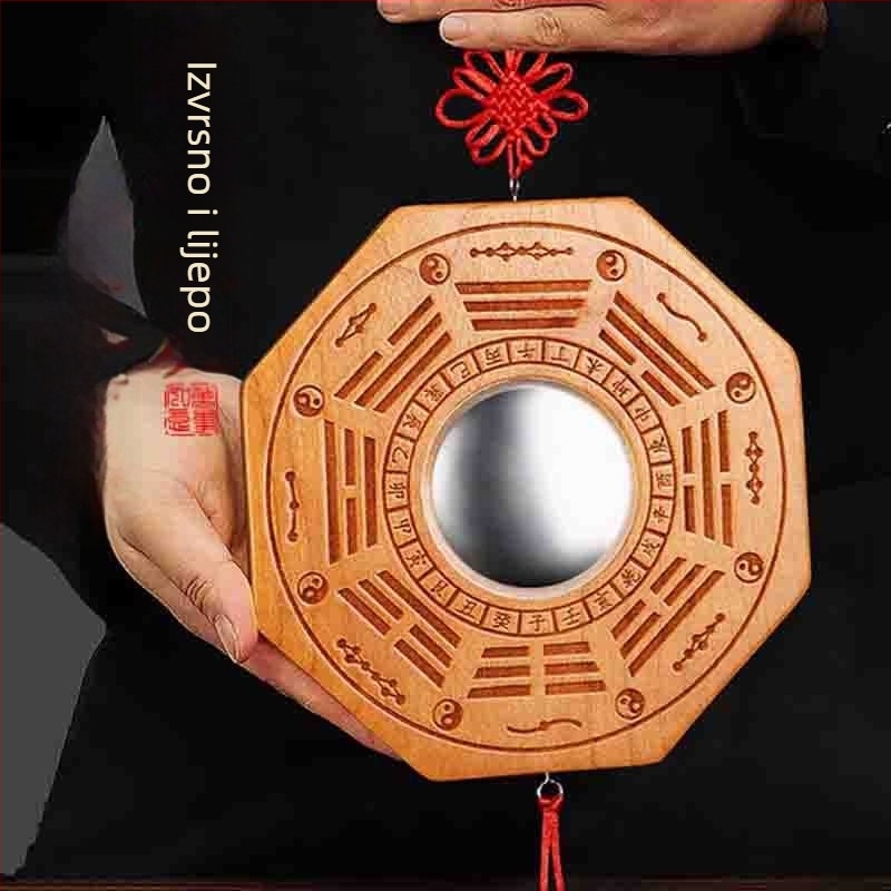 Privesak Bagua od drveta breskve, dvostrano ogledalo, ugraviran Yin–Yang, konveksno i konkavno, četiri božanska zvijeri, Tai Chi devet palača