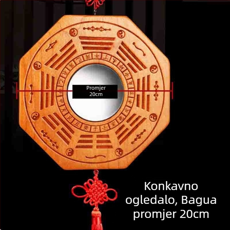 Privesak Bagua od drveta breskve, dvostrano ogledalo, ugraviran Yin–Yang, konveksno i konkavno, četiri božanska zvijeri, Tai Chi devet palača