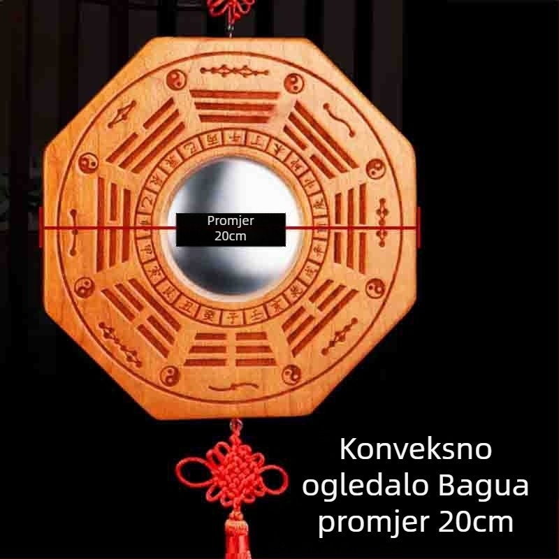 Privesak Bagua od drveta breskve, dvostrano ogledalo, ugraviran Yin–Yang, konveksno i konkavno, četiri božanska zvijeri, Tai Chi devet palača