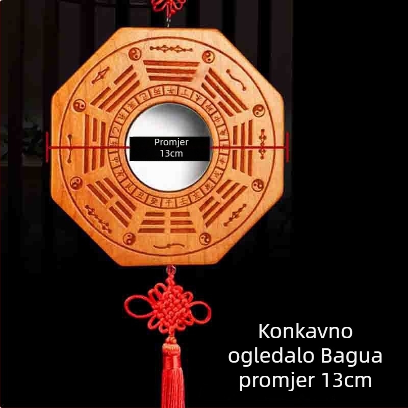 Privesak Bagua od drveta breskve, dvostrano ogledalo, ugraviran Yin–Yang, konveksno i konkavno, četiri božanska zvijeri, Tai Chi devet palača