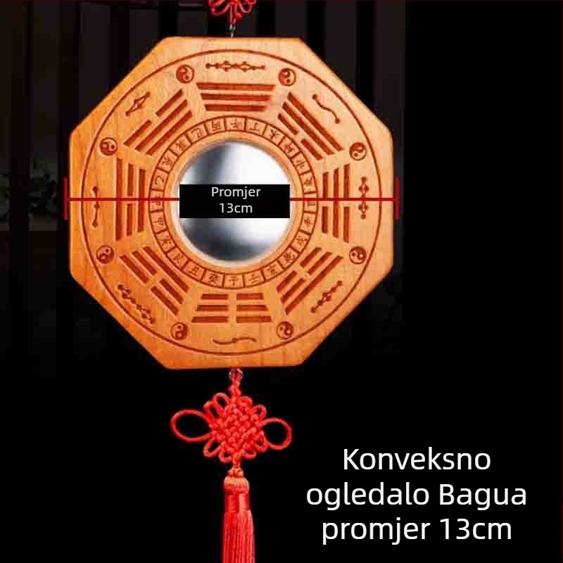 Privesak Bagua od drveta breskve, dvostrano ogledalo, ugraviran Yin–Yang, konveksno i konkavno, četiri božanska zvijeri, Tai Chi devet palača