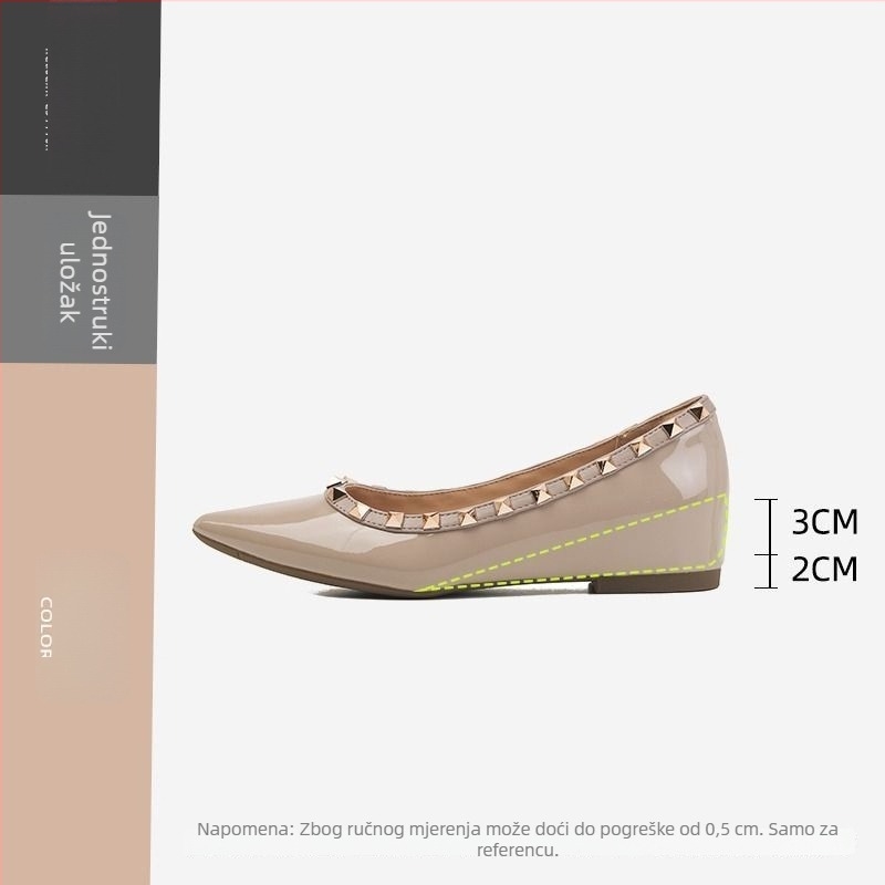 Ženske ravne cipele s skrivenim petama, nude boje, 2025 model, uski špičasti vrh, metalnim ukrasima, elegantne i svestrane za svakodnevnu upotrebu