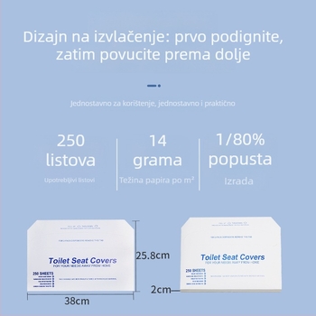 Otapajući papir za poklopac zahoda, jednokratna podloga za zahod, 250 listova, preklop na pola, drvena celuloza