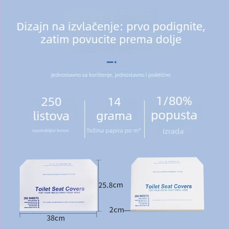 Otapajući papir za poklopac zahoda, jednokratna podloga za zahod, 250 listova, preklop na pola, drvena celuloza