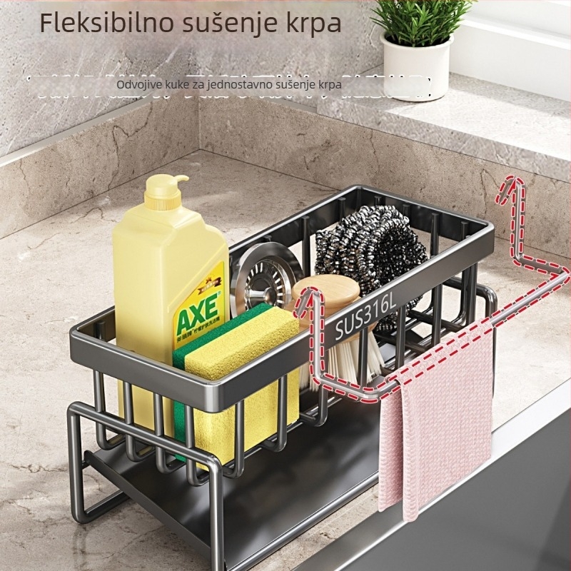 Stalak od nehrđajućeg čelika za kuhinju s odvodom i spremištem za krpe pored sudopera