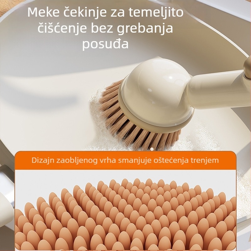 Kuhinjska četka s dugim držalom za pranje posuda, zdjela i čaša; ne zadržava masnoću, ne oštećuje posuđe; višestruka uporaba.