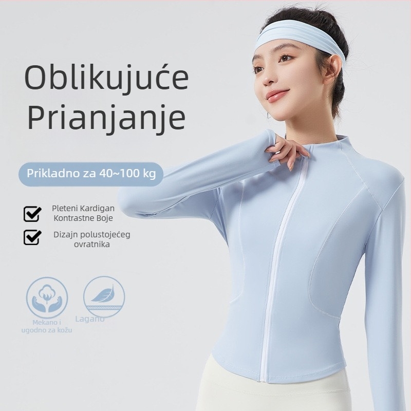 Ženska joga jakna s patentnim zatvaračem – uski kroj, dugi rukavi, brzo se suši, prozračna, dužina do bokova, za trčanje i vožnju biciklom