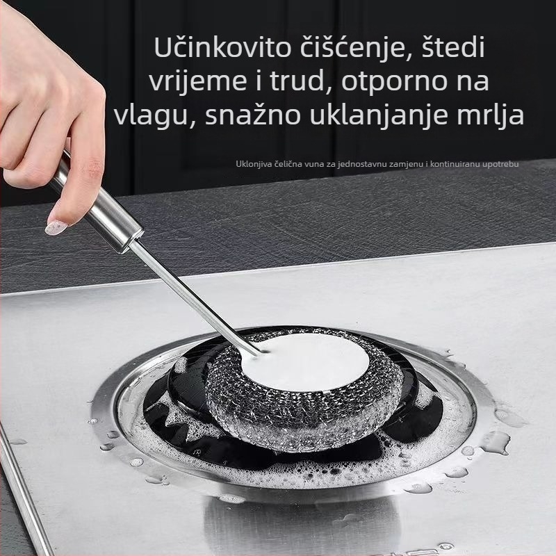 Četka za lonac od nehrđajućeg čelika s dugim držalom i odvojivom glavom s metalnom kuglom za čišćenje posuđa