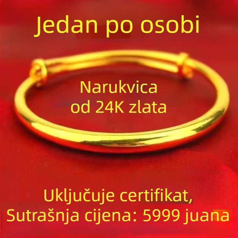 Ženski narukvica u nijansi pijeskovog zlata 999, čvrst sjajni završetak, ručno izrađeno