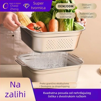 Kvadratni koš za ocjeđivanje za kuhinju i zdjela za mijesanje tijesta, nehrđajući čelik, s dvjema ručkama.