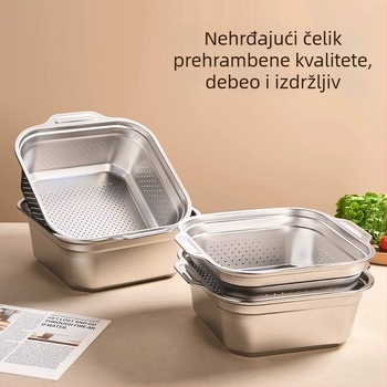 Kvadratni koš za ocjeđivanje za kuhinju i zdjela za mijesanje tijesta, nehrđajući čelik, s dvjema ručkama.