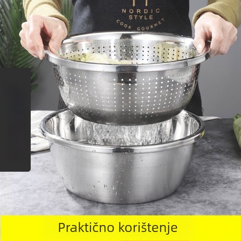 Kružna posuda od nehrđajućeg čelika 304 – višenamjenska posuda za pranje, pripremu riže, tučenje jaja, cijeđenje i posuda za začine