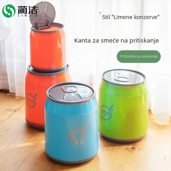 Kreativni plastični koš za otpatke u obliku limenke, s poklopcem i pritisknim mehanizmom za otvaranje; za stolni prostor (mali) ili kupaonicu (veliki).