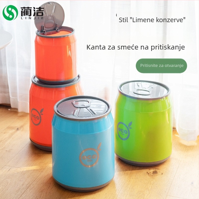Kreativni plastični koš za otpatke u obliku limenke, s poklopcem i pritisknim mehanizmom za otvaranje; za stolni prostor (mali) ili kupaonicu (veliki).