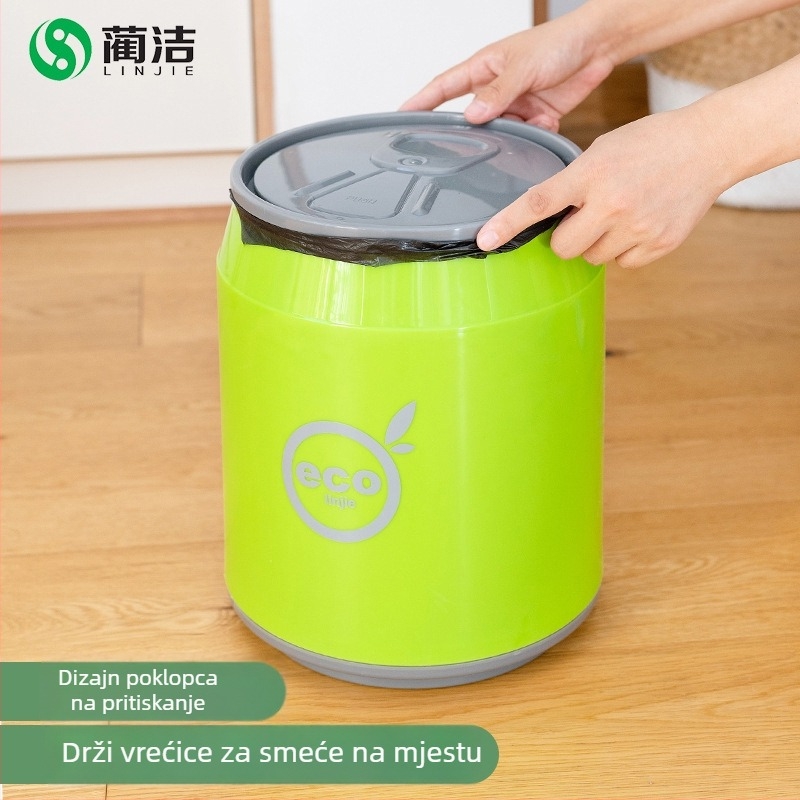 Kreativni plastični koš za otpatke u obliku limenke, s poklopcem i pritisknim mehanizmom za otvaranje; za stolni prostor (mali) ili kupaonicu (veliki).