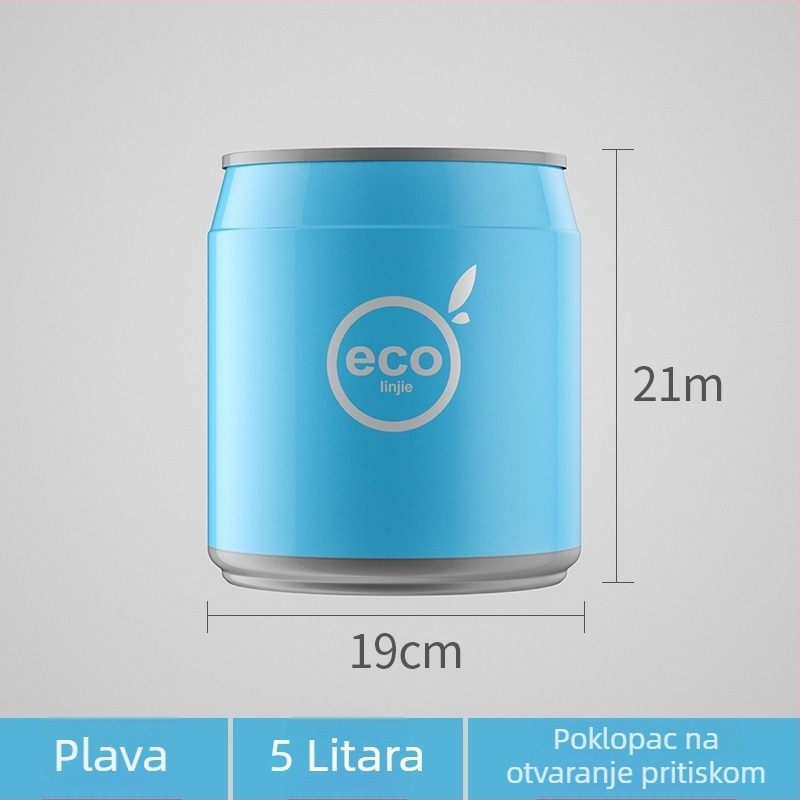 Kreativni plastični koš za otpatke u obliku limenke, s poklopcem i pritisknim mehanizmom za otvaranje; za stolni prostor (mali) ili kupaonicu (veliki).