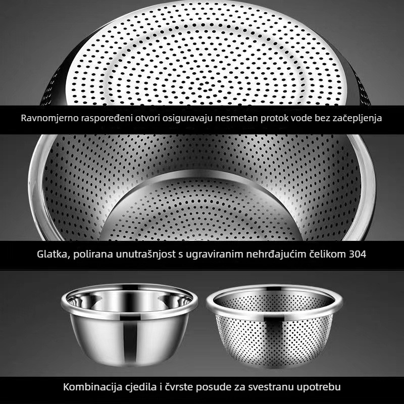 Kružne nehrđajuće čelično cjedilo s finom mrežom za pranje riže, povrća i voća