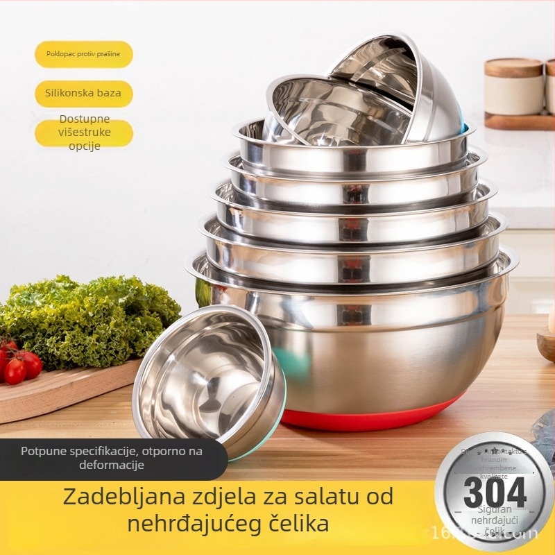 Posuda od nehrđajućeg čelika za salate, kućna upotreba, kvalitete hrane, debela, s poklopcem i silikonskim dnom, višestruka namjena za mućenje jaja i mijesenje tijesta