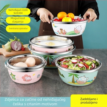 Posuda za začine od nehrđajućeg čelika 304 s karikaturnim dizajnom i šarenim rubom, pogodna za mijesanje tijesta i miješanje salata