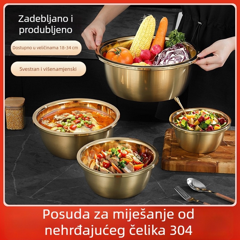 Zlatna posuda od nehrđajućeg čelika 304 za kuhinju, za tučenje jaja, mijesenje tijesta i pranje povrća, s debelim širokim rubom.