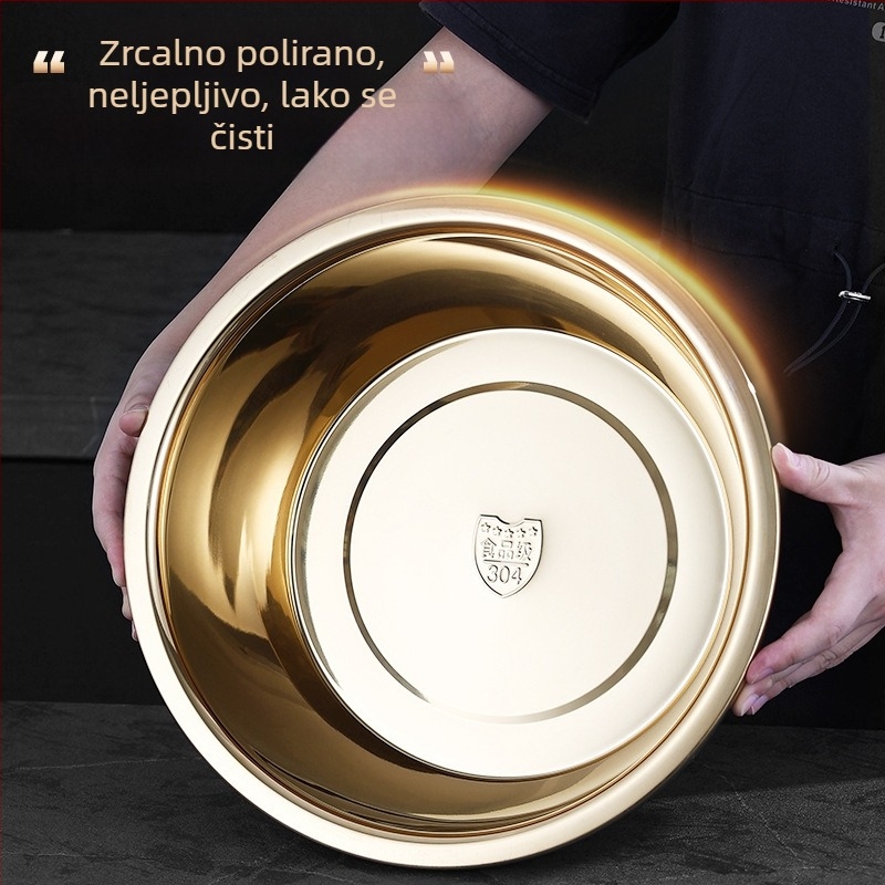 Zlatna posuda od nehrđajućeg čelika 304 za kuhinju, za tučenje jaja, mijesenje tijesta i pranje povrća, s debelim širokim rubom.