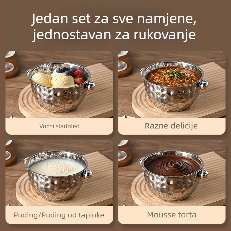 Zdjela od nehrđajućeg čelika za salatu, za pranje povrća i tijesta, zdjela za šlaganje jaja i miješanje hladnih jela, s kovano-teksturnom površinom i ravnim dnom, za kućnu kuhinju