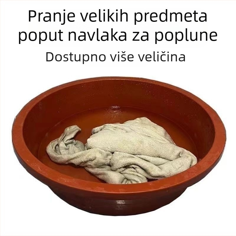 Plastična posuda velikog kapaciteta s debelim stijenkama, promjer 50-80 cm, pogodna za pranje povrća, odjeće i kupanje.