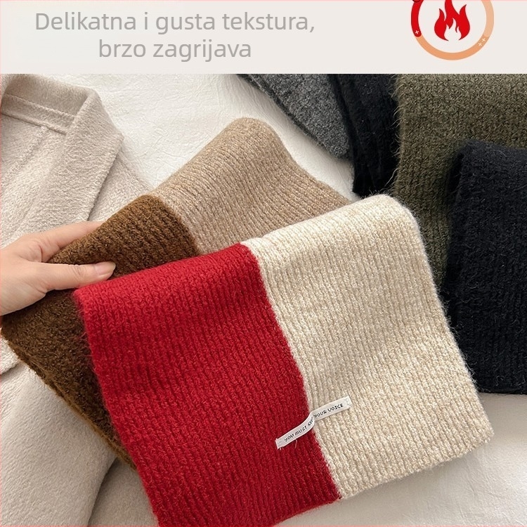 Šal s blok bojama, zimski retro crveni pleteni šal, topao i debeo, vrhunski dojam