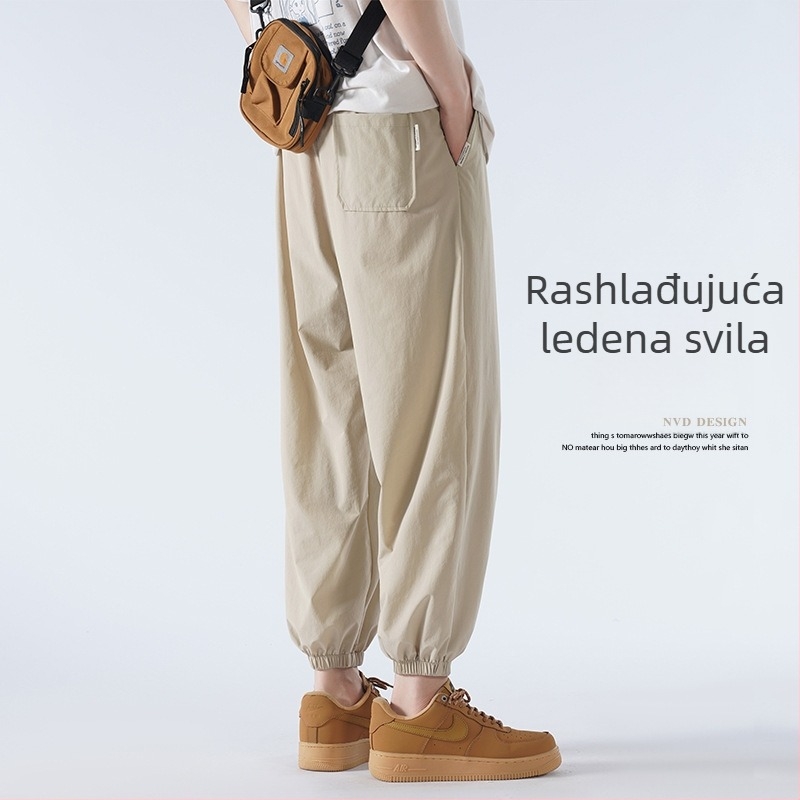 Muške ljetne hlače od ice silk, opuštenog kroja, tanke, za svakodnevnu upotrebu, duljina 9/10, kaki boje, Plus Size