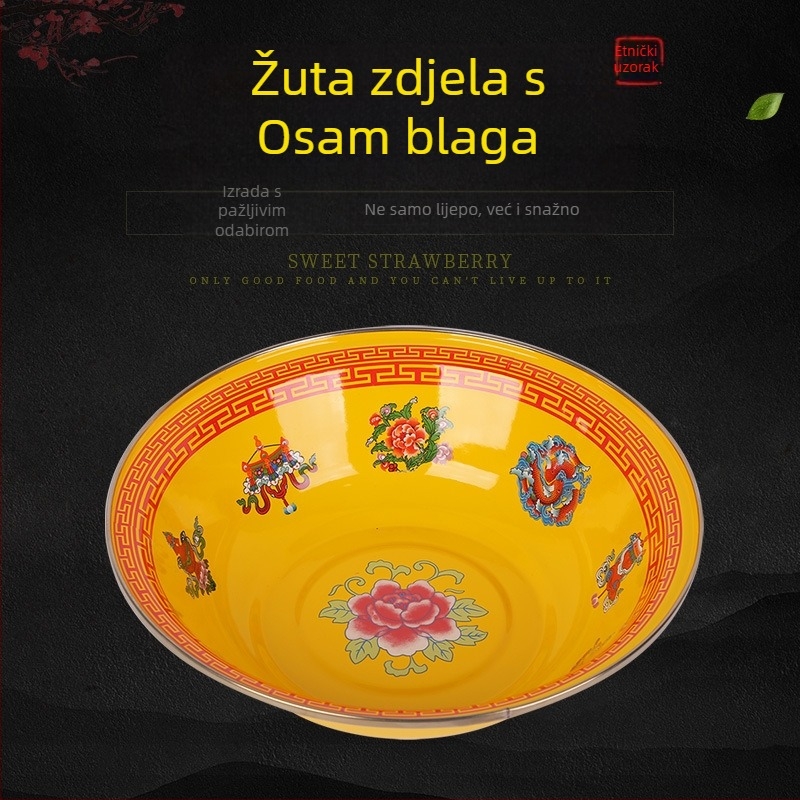 Emajlirani umivaonik s tibetanskim etničkim uzorkom, vintage stil, žuti motiv osam blaga