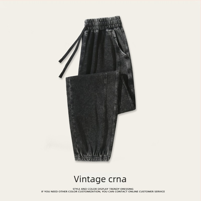 Muške trenirke hlače od 100% pamuka, 300 g, oprane i izlizane, dvostruko vlakno, američki retro stil, širok kroj, uski završetak nogavica