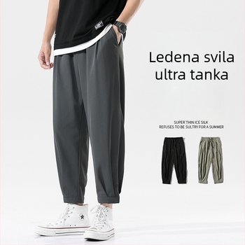 Ljetne muške labave hlače u korejskom stilu, cropped s manžetom pri gležnju, lagana ice-silk tkanina