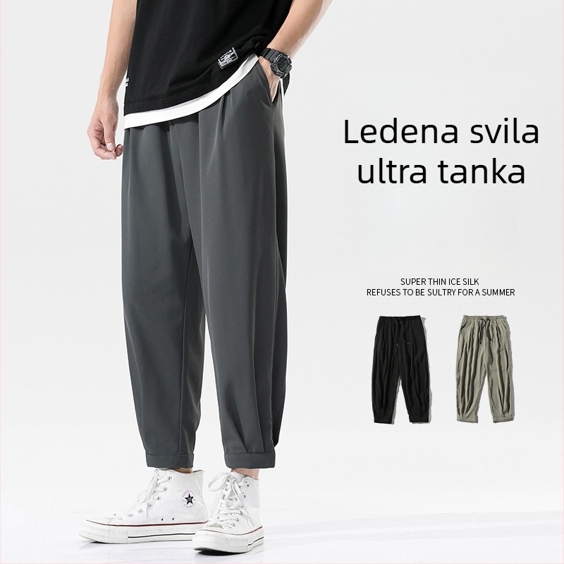 Ljetne muške labave hlače u korejskom stilu, cropped s manžetom pri gležnju, lagana ice-silk tkanina
